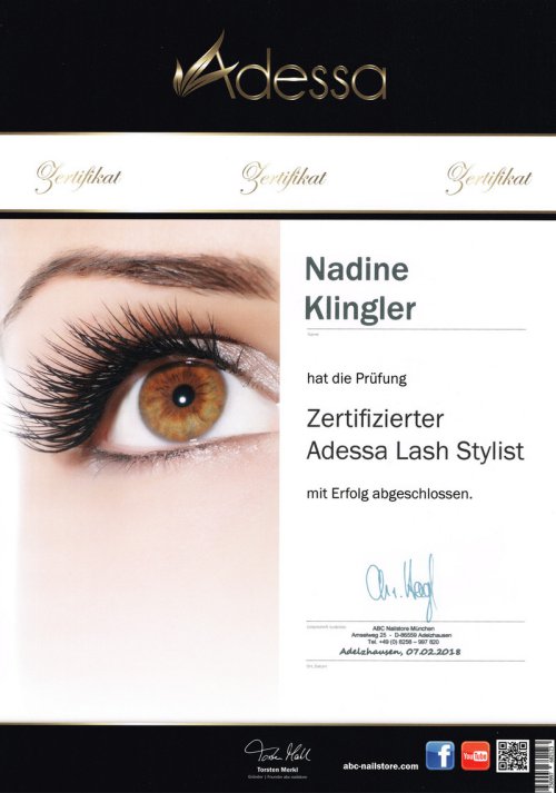 Nadine Klingler Zertifikat: Zertifizierte: Adessa Lash-Stylistin